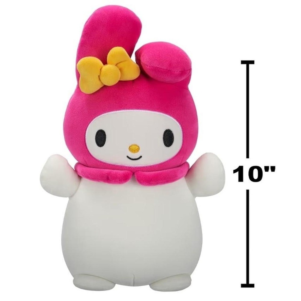 Sanrio My Melody plush doll with pink hood and yellow bow, size 10 inches